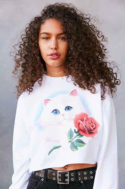 Urban Outfitters Truly Madly Deeply Airbrush Cat Crop Pullover Sweatshirt,white,xs