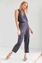 Urban Outfitters Silence + Noise Cupro Surplice-back Jumpsuit,washed Black,xs