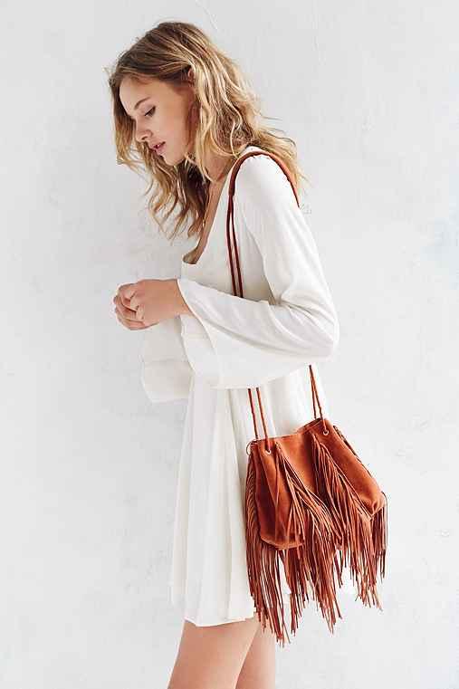 Urban Outfitters Ecote Fringe Bucket Bag,coral,one Size