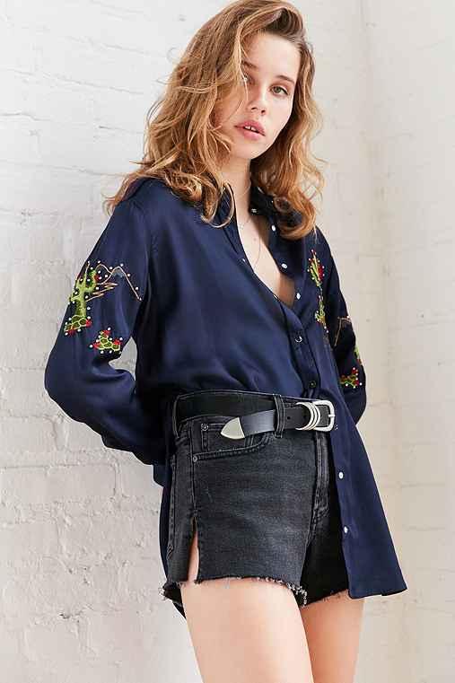 Urban Outfitters Bdg Embroidered Cactus Button-down Blouse,blue Multi,xs