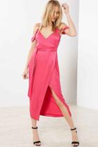 Urban Outfitters Bardot Leah Satin Off-the-shoulder Maxi Wrap Dress,pink,xs
