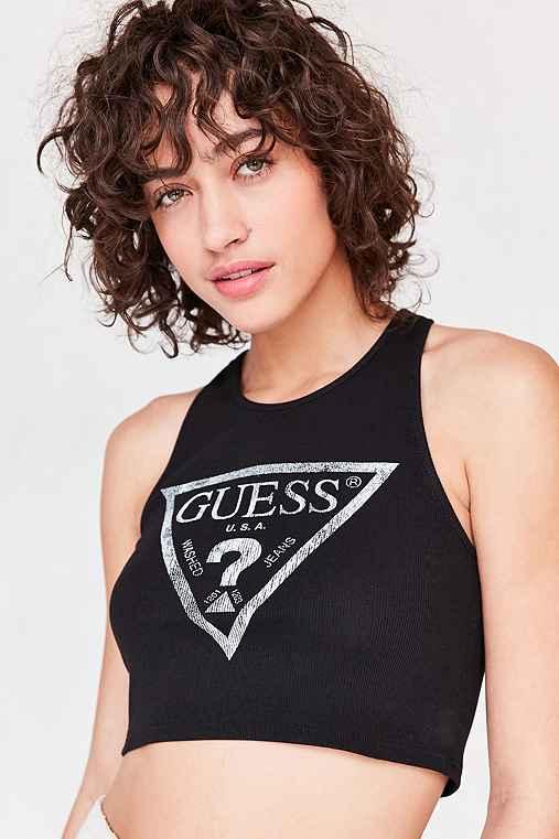 Urban Outfitters Guess 1981 Logo Racerback Crop Top,black,xs