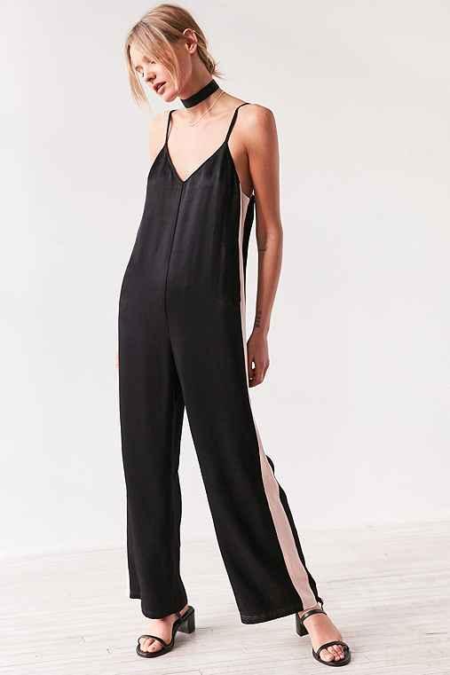 Urban Outfitters Silence + Noise Side Stripe Satin Slip Jumpsuit,black,xs