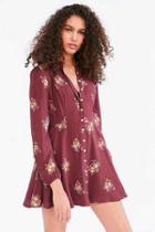 Urban Outfitters Kimchi Blue Sabrina Floral Long-sleeve Mini Shirt Dress,red Multi,6