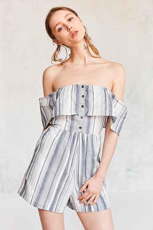 Urban Outfitters Ecote Yarn Dyed Off-the-shoulder Romper,blue,l