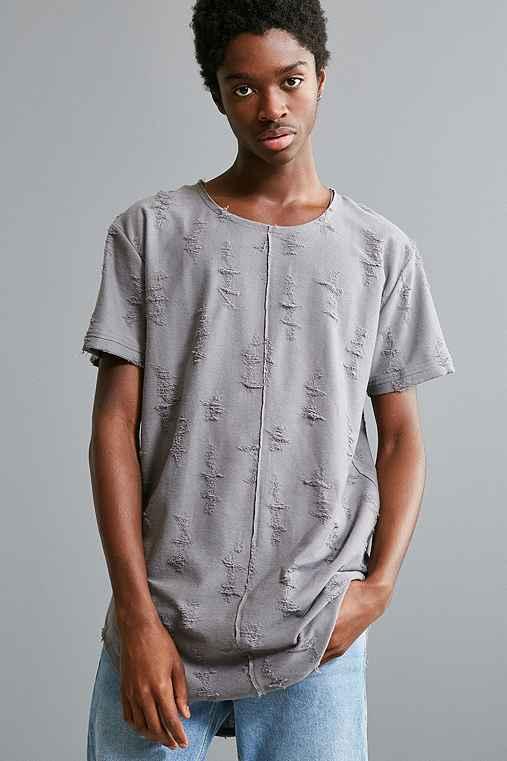 Urban Outfitters Feathers Destructed Long Loose Scoopneck Tee,dark Grey,l