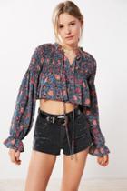 Ghospell Raindrop Floral Balloon-sleeve Blouse