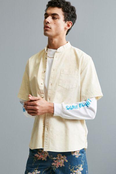Urban Outfitters Uo Acid Wash Band Collar Short Sleeve Button-down Shirt
