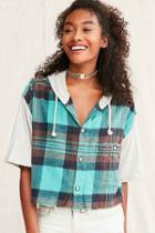 Urban Outfitters Urban Renewal Remade Hooded Cropped Flannel Shirt,green,m