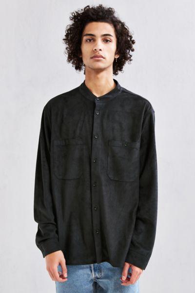 Urban Outfitters Uo Faux Suede Band Collar Button-down Shirt