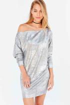 Urban Outfitters Silence + Noise Slouchy Metallic Off-the-shoulder Mini Dress,silver,m
