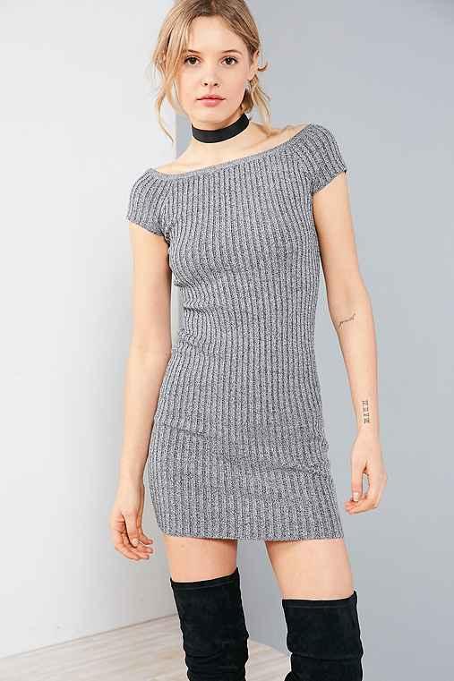 Urban Outfitters Silence + Noise Ribbed Off-the-shoulder Bodycon Mini Dress,grey,s