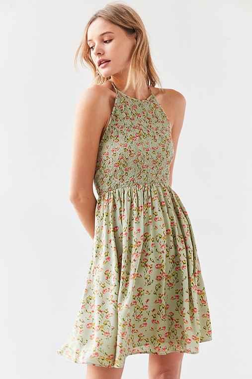 Urban Outfitters Kimchi Blue Verlina Smocked Bodice Mini Dress,green Multi,m