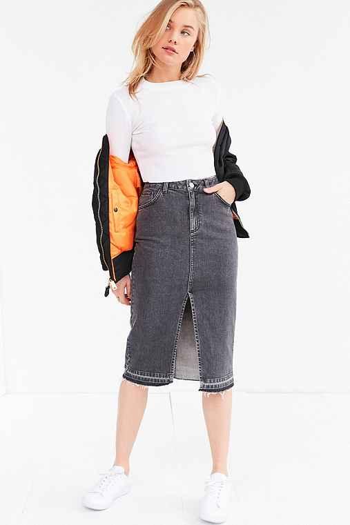 Urban Outfitters Bdg Released Hem Denim Pencil Midi Skirt,washed Black,xs