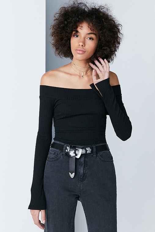 Urban Outfitters Silence + Noise Rib Knit Off-the-shoulder Top,black,m