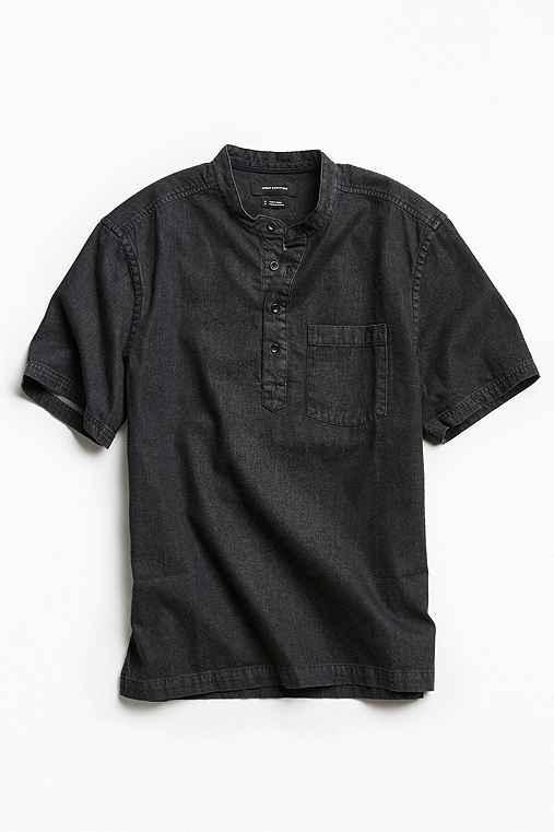 Urban Outfitters Uo Denim Band Collar Short Sleeve Popover Shirt,black,l