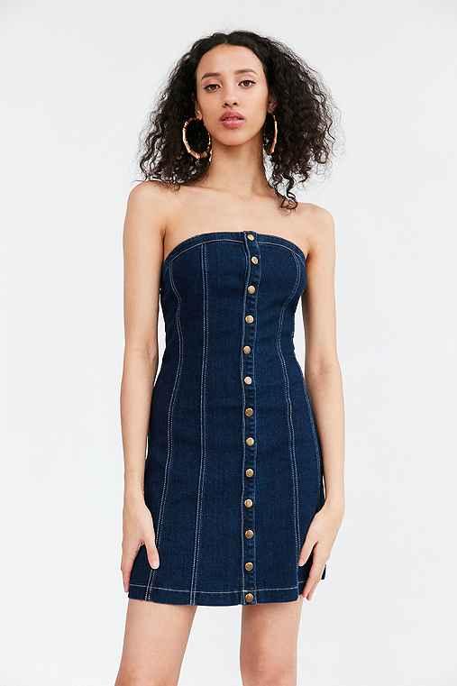 Urban Outfitters Bdg Boone Denim A-line Strapless Mini Dress,indigo,l