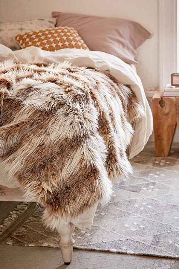 Urban Outfitters Faux Russian Lynx Throw Blanket,cream Multi,one Size