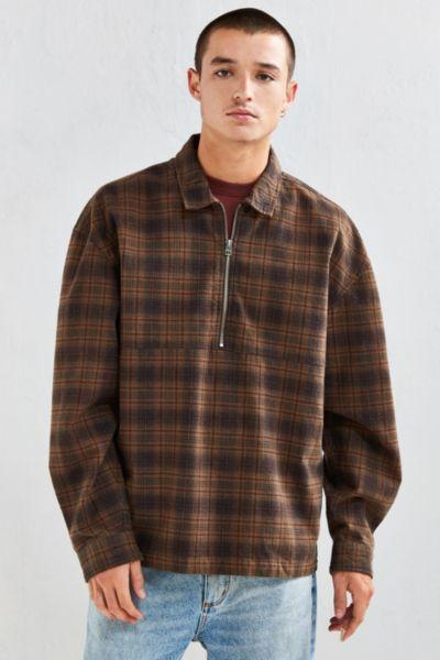 Urban Outfitters Uo 1/4-zip Plaid Flannel Over Shirt