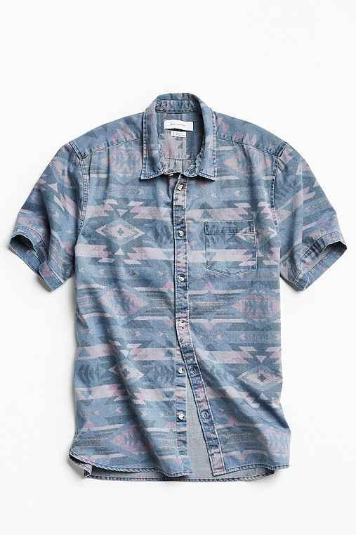 Urban Outfitters Uo Southwestern Denim Short Sleeve Button-down Shirt,purple,xl