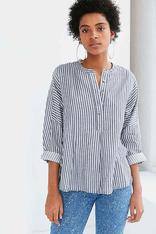 Urban Outfitters Bdg Taylor Striped Button-front Shirt,navy,xs