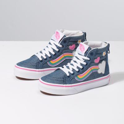 Vans Kids Rainbow Sidestripe Sk8-hi Zip (denim/true White)