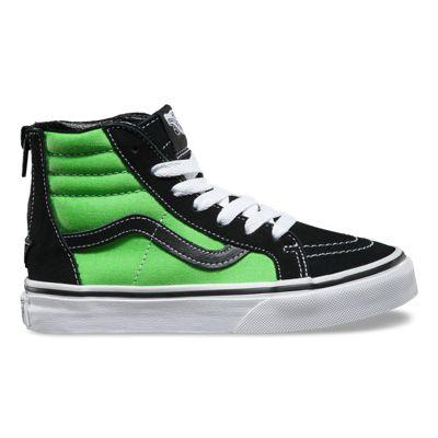 Vans Kids Sk8-hi Zip (black/green Flash) Kids Shoes