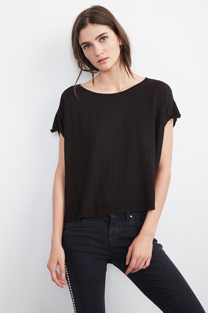 Velvet Clothing Addie Linen Boat Neck Tee-black-falllinen