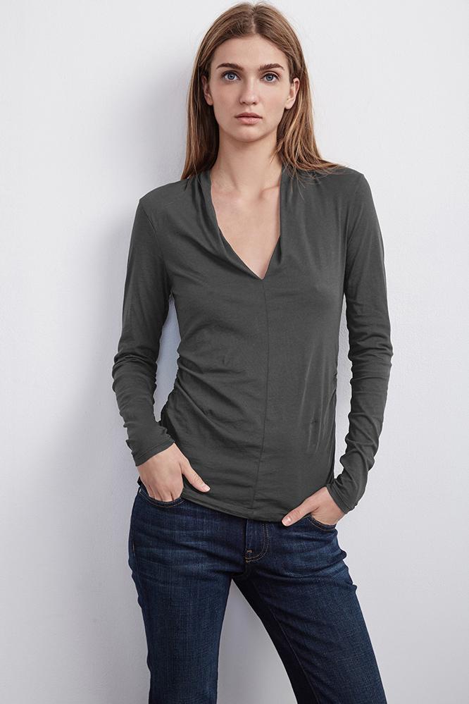 Velvet Clothing Waylyn Shawl Collar Top-stone-gauzywhisper
