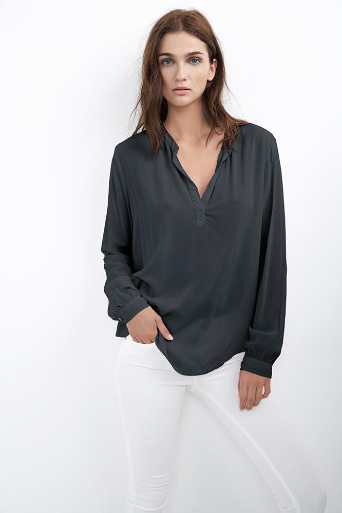 Velvet Clothing Rosie Half-placket Challis Blouse-battleship-rayonchallis