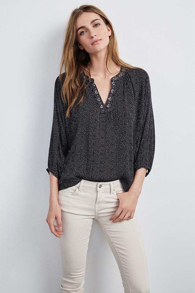 Velvet Clothing Aleta Indian Microdot Popover-black-whitneyprint