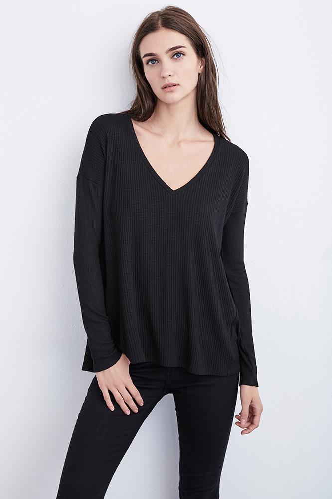 Velvet Clothing Alanis Thermal Knit Swing Top-black-thrmlknit