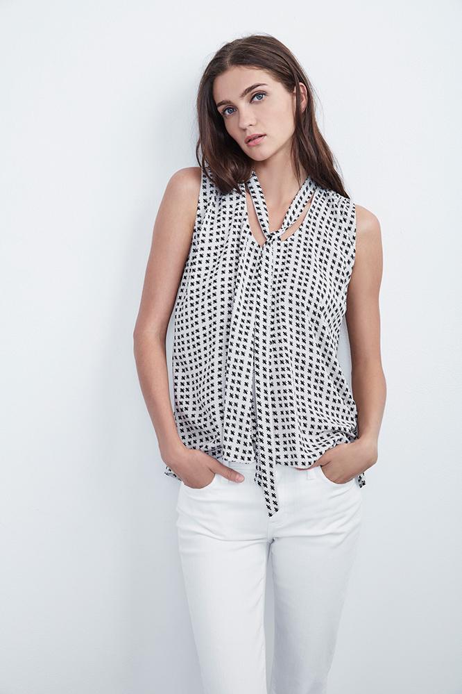 Velvet Clothing Annaline Tie Neck Sleeveless Top In Bisque-bisque-printchal