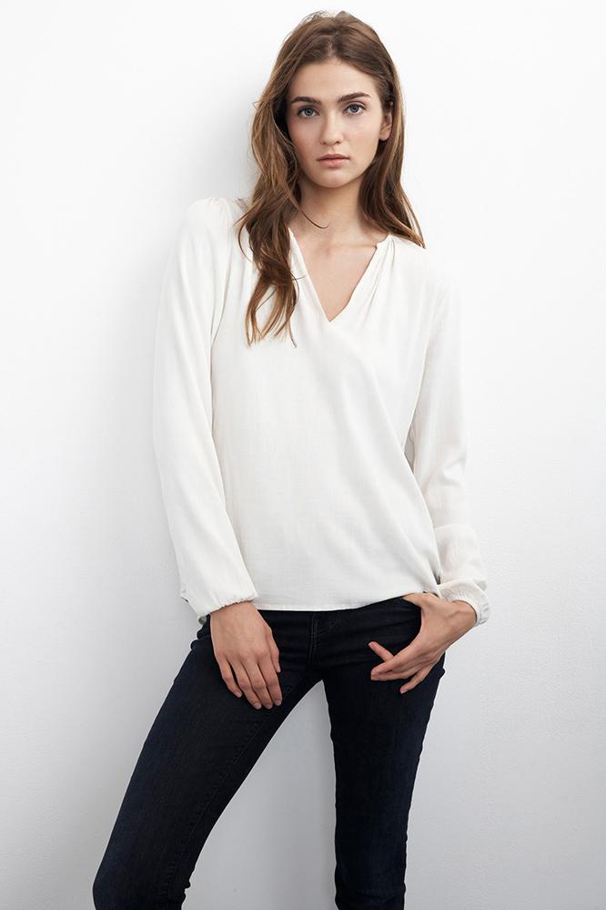 Velvet Clothing Lala Half-placket Crepe Blouse-milk-rayoncrepe