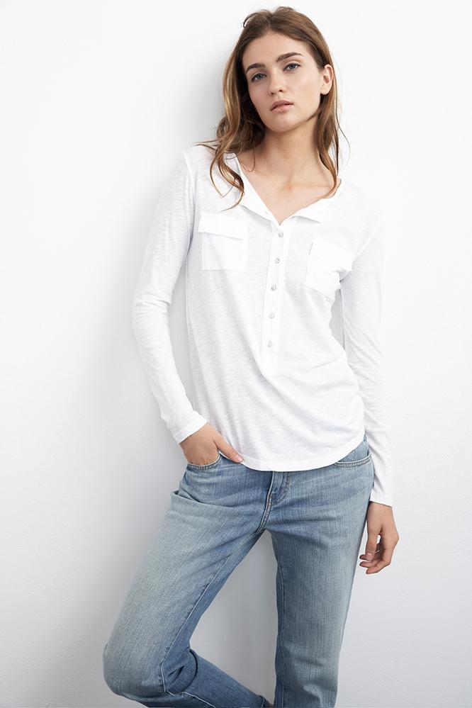 Velvet Clothing Anuka Pocket Henley-white-cottonslub