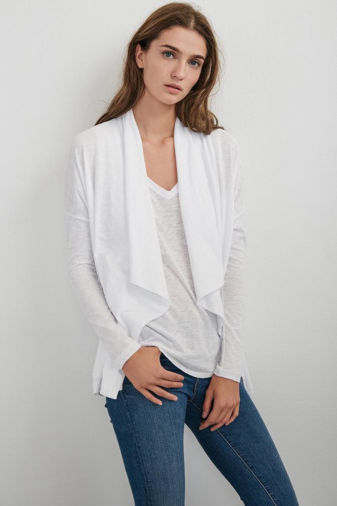 Velvet Clothing Emanuela Cotton Slub Open Front Cardigan-white-cotslub