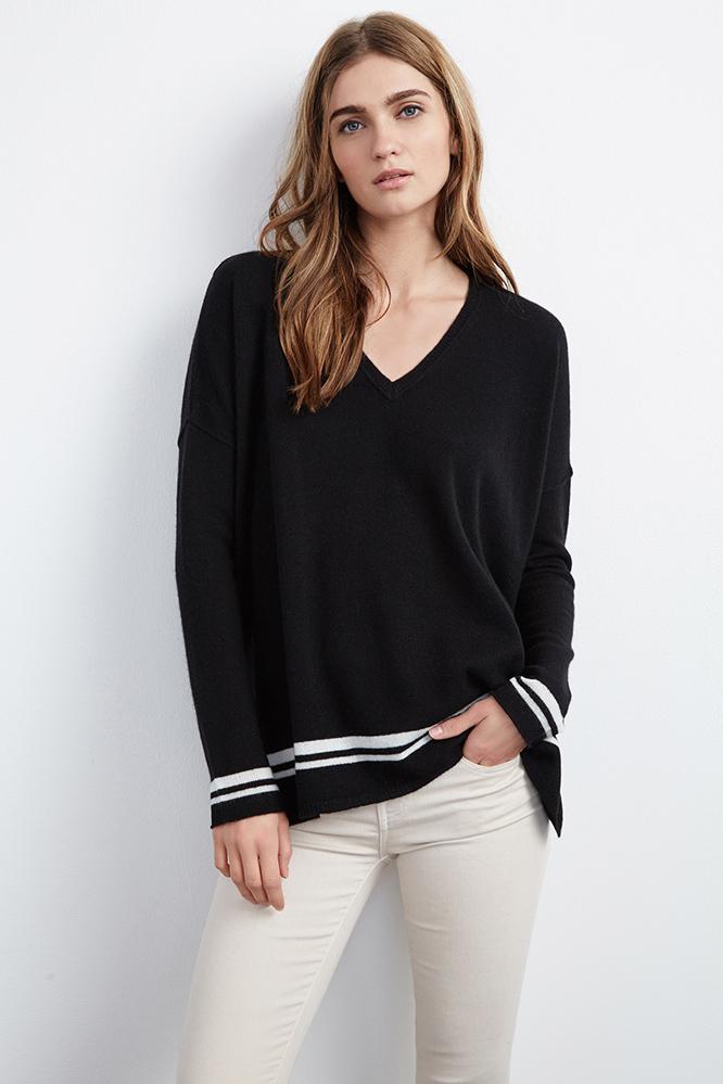 Velvet Clothing Stormy Double Stripe Cashmere Sweater -black-cashmere
