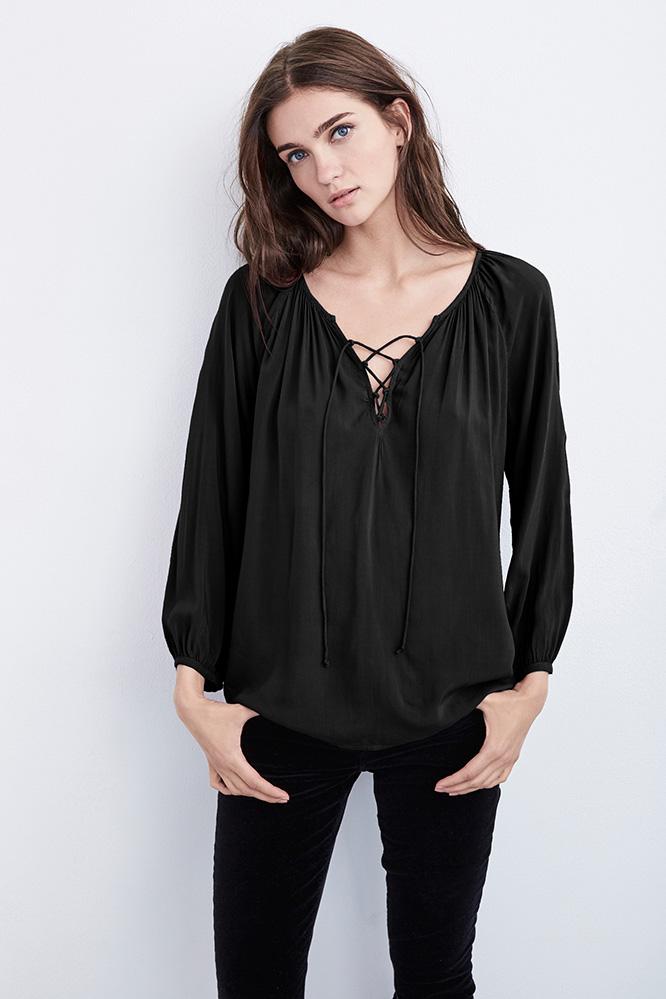 Velvet Clothing Avalon Lace-up Challis Peasant Top-black-rayonchallis