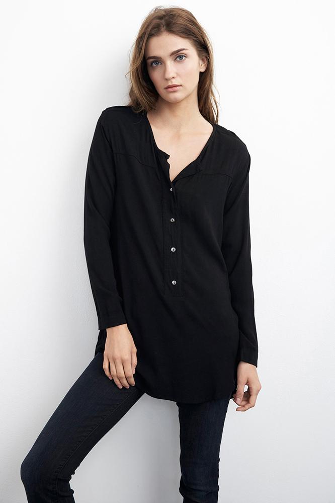 Velvet Clothing Eudora Crepe Henley Tunic Top-black-rayoncrepe