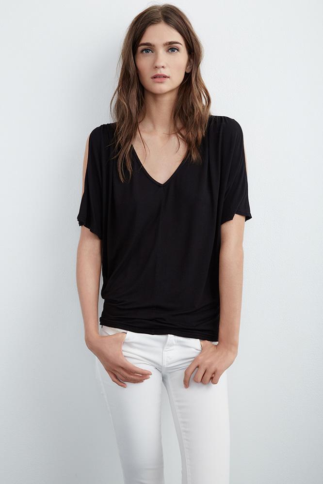 Velvet Clothing Jay Modal Cold Shoulder Tee-black-modalknit