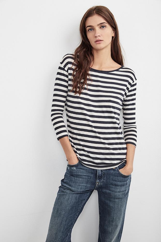 Velvet Clothing Glenda Lux Gauze Stripe 3/4 Sleeve Tee-navy/cream-luxgzstrp