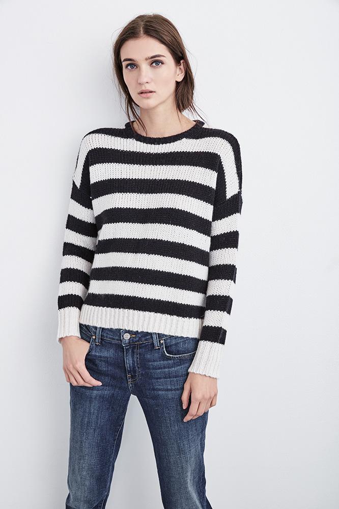 Velvet Clothing Maddilyn Stripe Crew Neck Sweater-black/milk-noveltysweaters