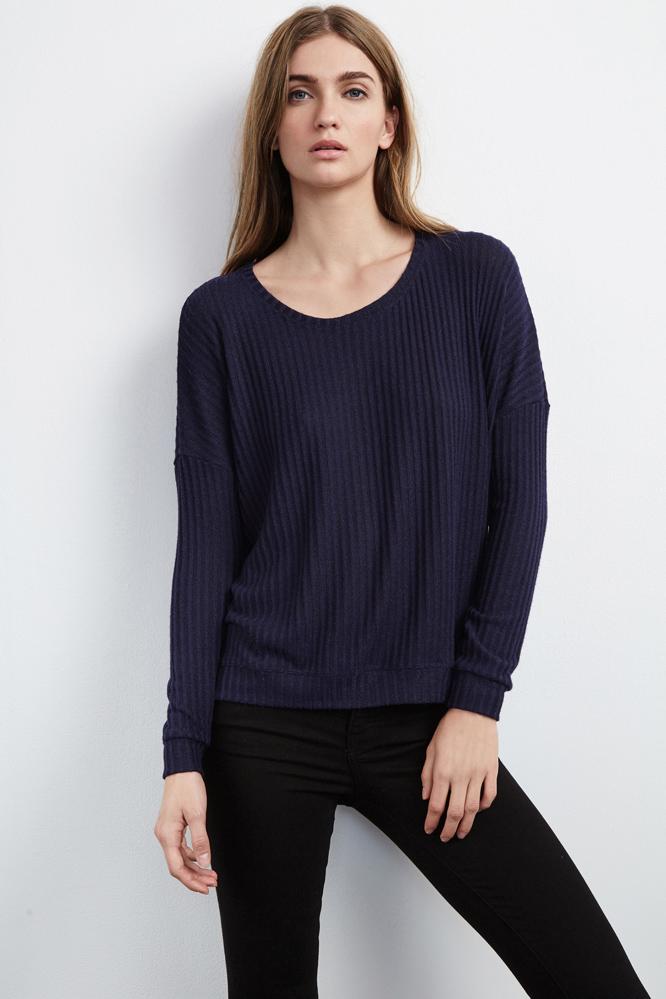 Velvet Clothing Tacy Ribbed High/low Top-navy-rayonrib