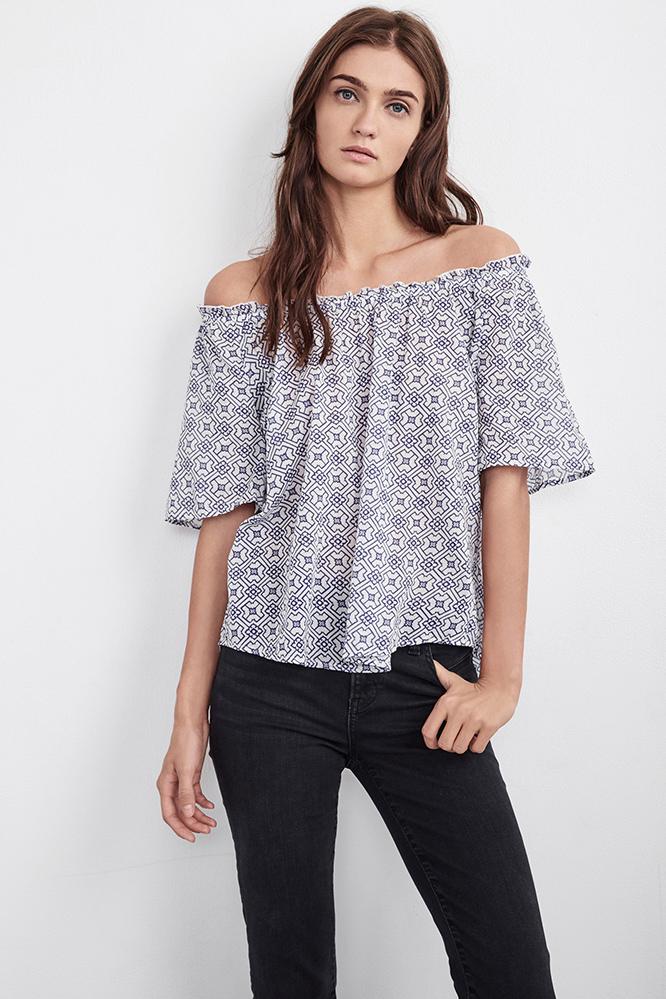 Velvet Clothing Bertie Printed Cotton Off The Shoulder Top In Delft-delft-pcotshrtg