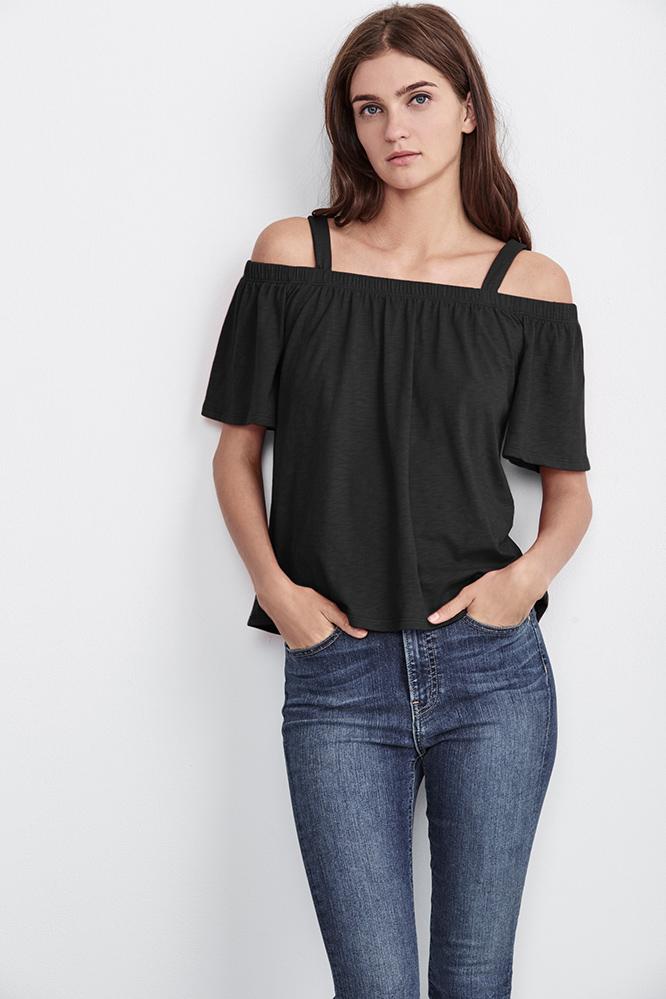 Velvet Clothing Augusta Cotton Slub Off The Shoulder Tee-black-cotslub