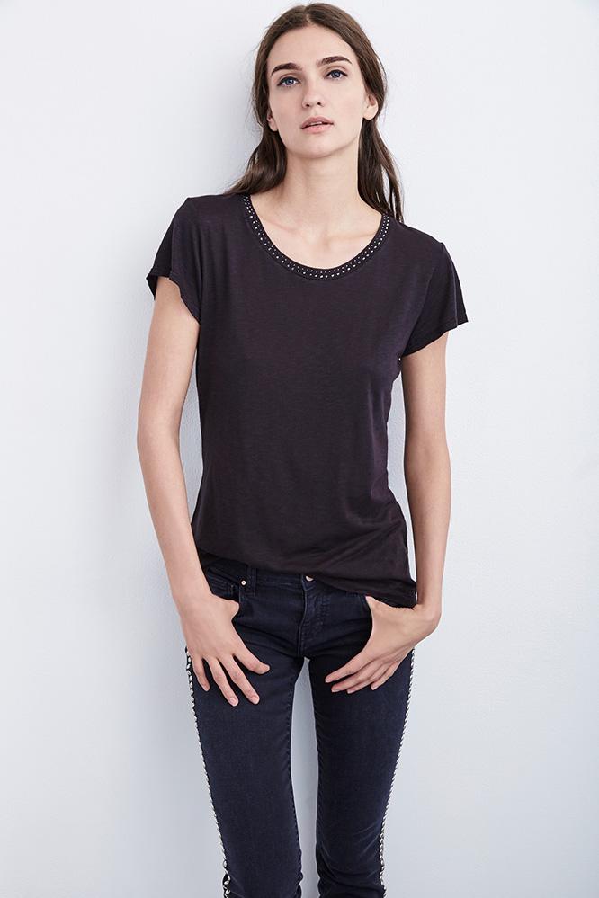 Velvet Clothing Karen Lux Slub Embellished Tee-black-luxeslub