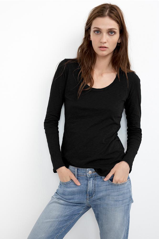 Velvet Clothing Annemarie Cotton Slub Scoop Neck Tee-black-cottonslub