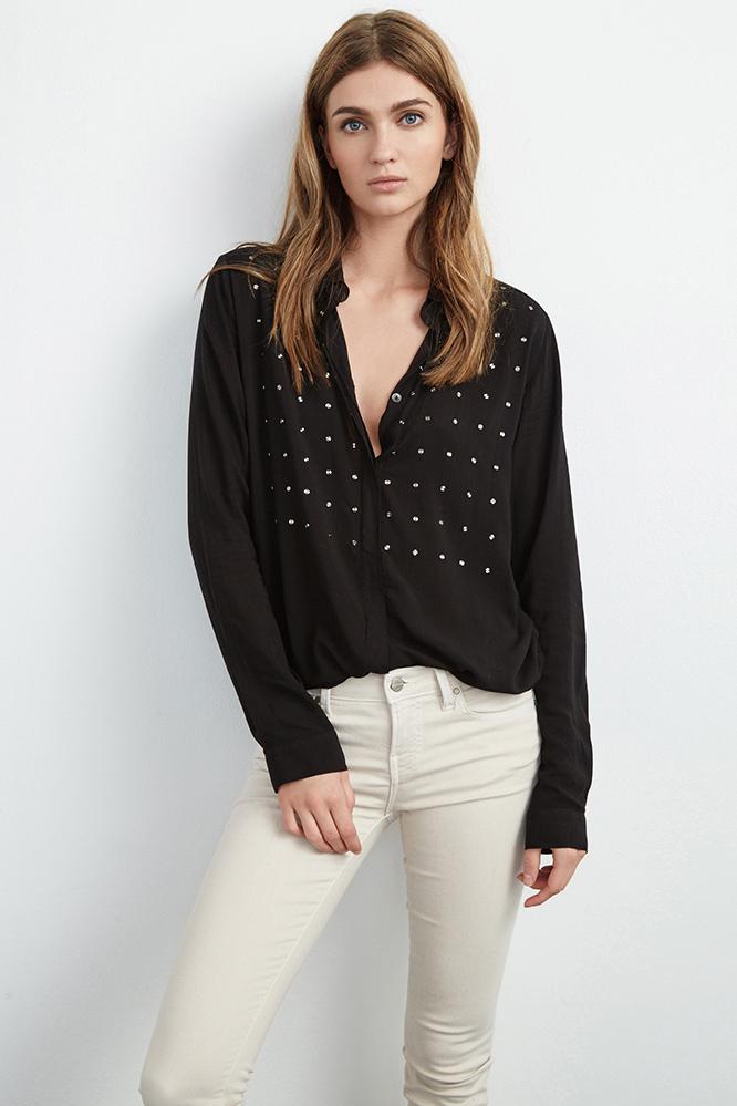 Velvet Clothing Ursa Nailhead Embroidered Blouse -black-rayonchallisnh