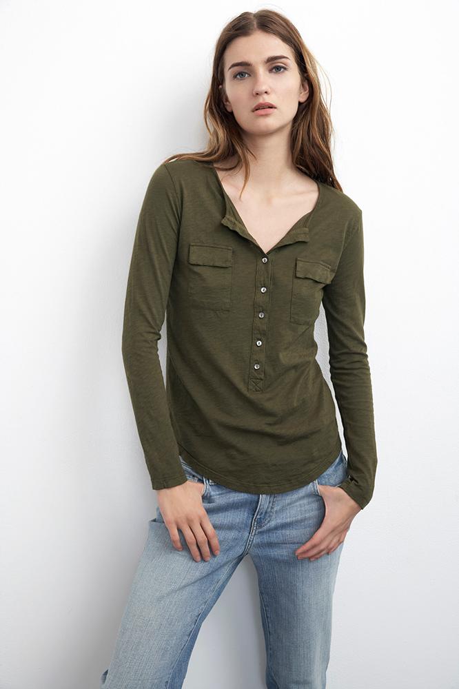 Velvet Clothing Anuka Pocket Henley-olive-cottonslub