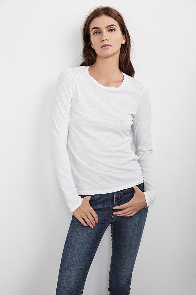 Velvet Clothing Oraline Cotton Slub Long Sleeve Tee-white-cotslub